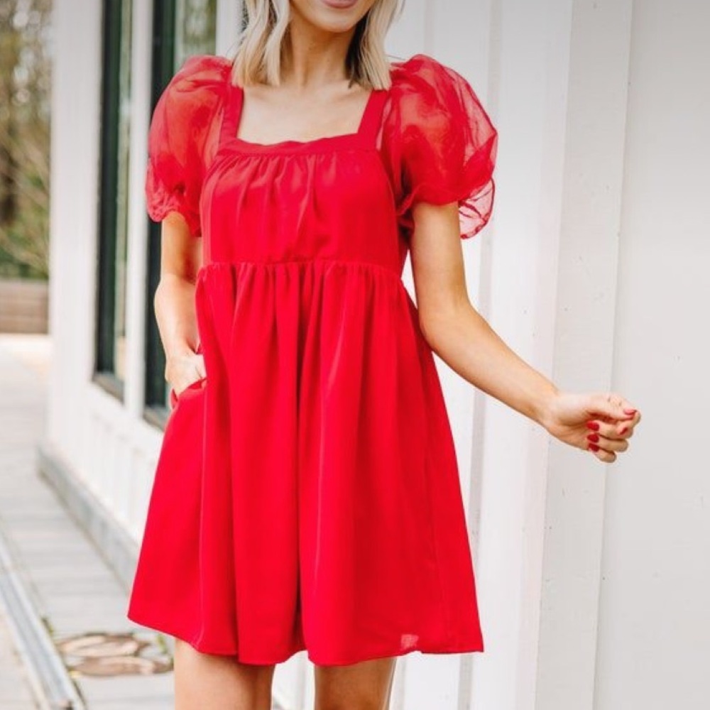 Entro Red Bubble Sleeve Dress